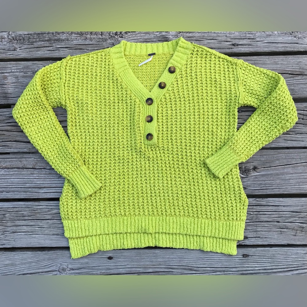 FREE PEOPLE Lime Green Whistle Thermal Henley Button Sweater Top Pullover V Neck - Picture 13 of 13